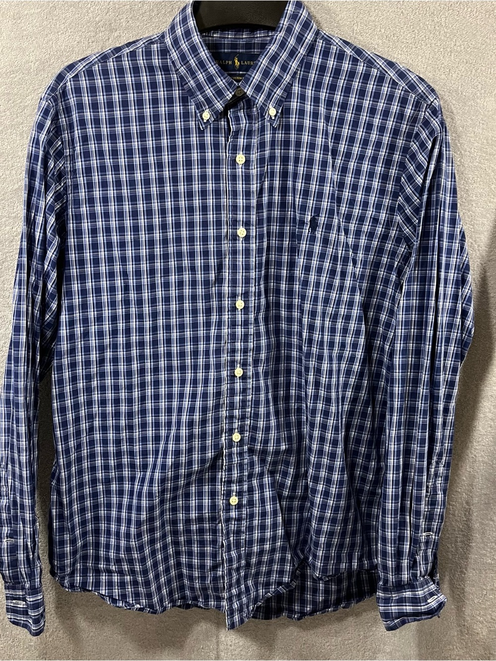 Polo Ralph Lauren Shirt Mens Large Custom Fit Blue Plaid Blue Pony Long Sleeve
